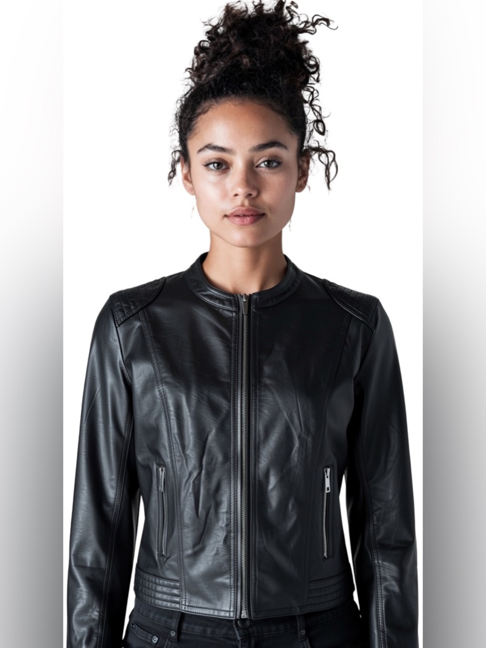 Black Women's Faux Leather Zip-Front Jacket